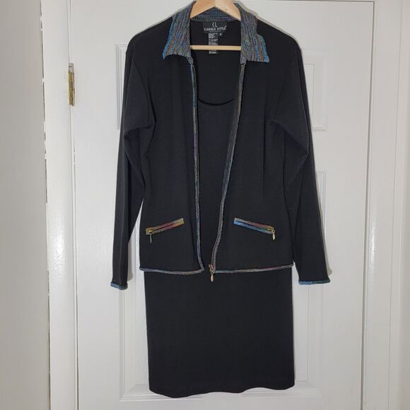 VTG Carole Little Wool Blend KnitJacket Dress Set Black With Multicolor Trim M - Picture 2 of 16